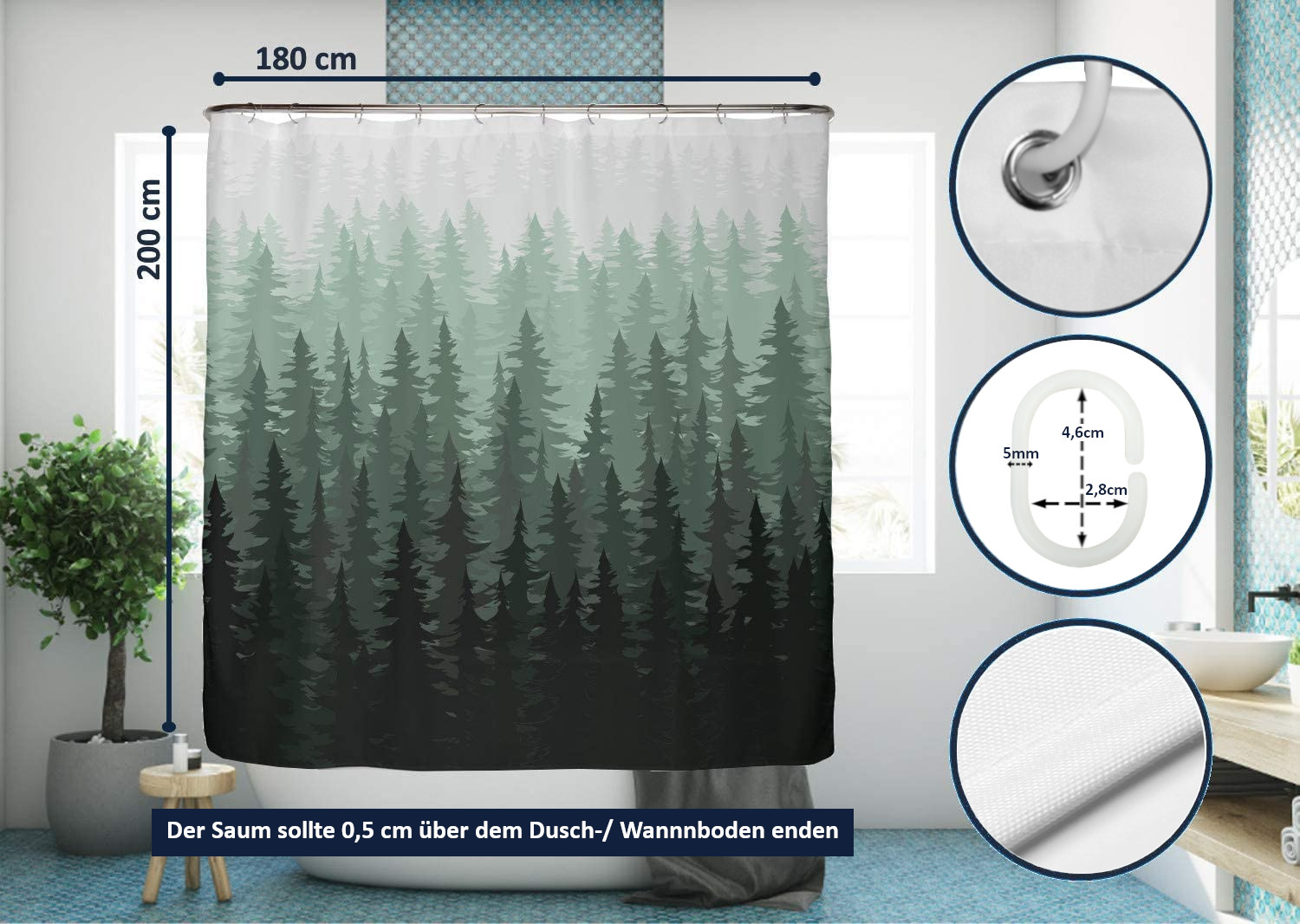 grüner Dusch- & Badewannenvorhang mDesign Duschvorhang Anti-Schimmel Duschvorhang wasserabweisend 180 cm x 200 cm 12 verstärkte Knopflöcher