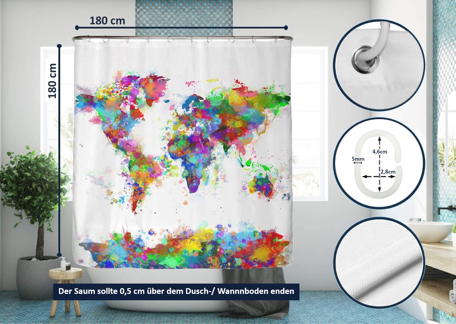 Duschvorhang Weltkarte 180x180 cm Karte Atlas Earth Badvorhang Dusche Vorhang 
