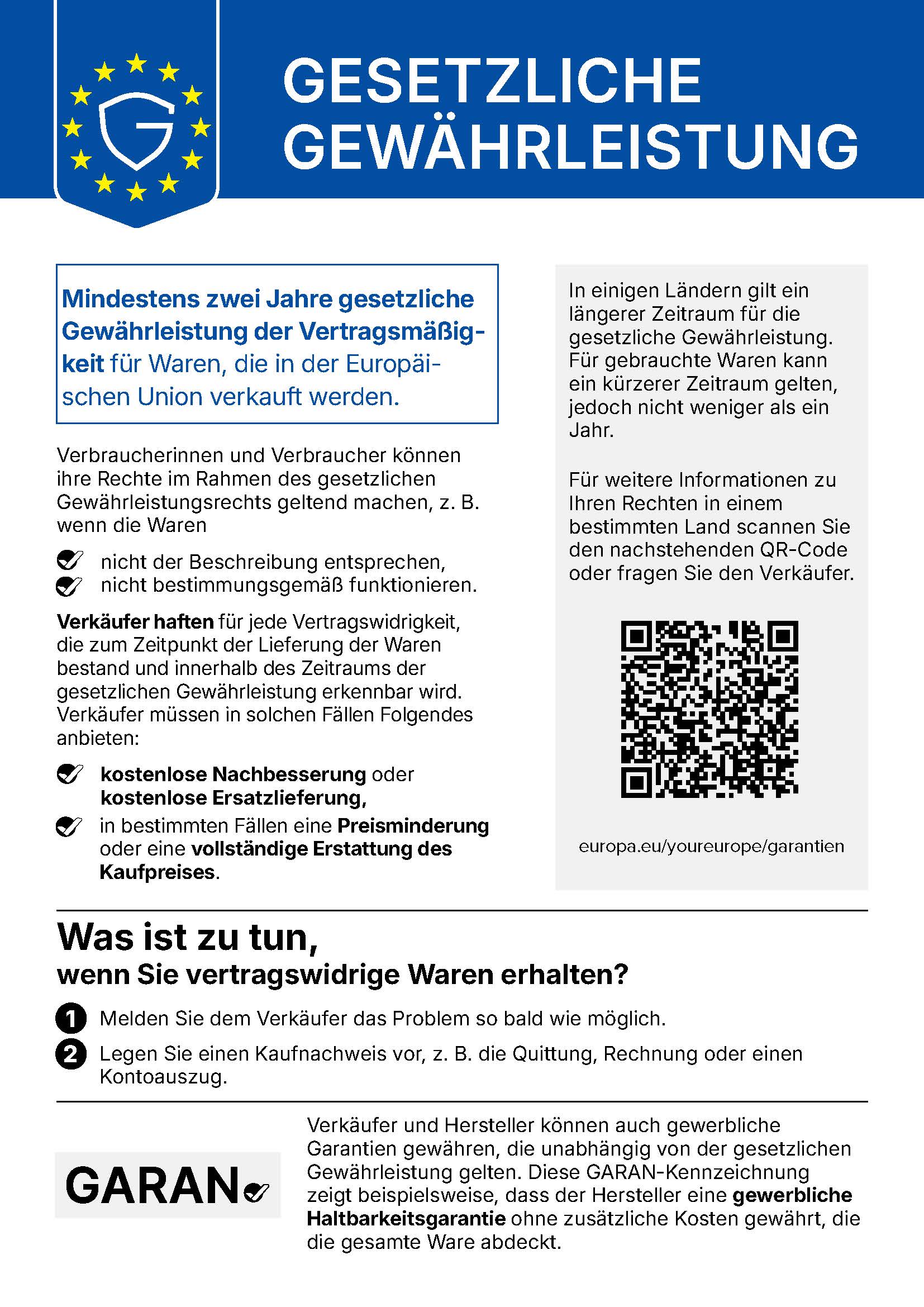 Gesetzliche Gewährleistung – Hinweis der EU